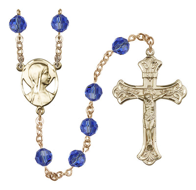 Madonna Mary 14kt Gold 8mm Austrian Crystal Rosary in Sapphire, Bliss Manufacturing