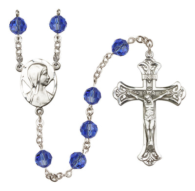 Madonna Mary Sterling Silver 8mm Austrian Crystal Rosary in Sapphire, Bliss Manufacturing