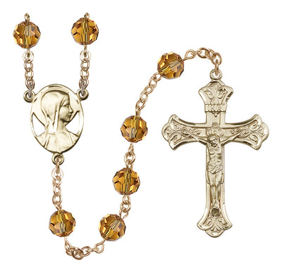 Madonna Mary Gold-filled 8mm Austrian Crystal Rosary in Topaz, Bliss Manufacturing