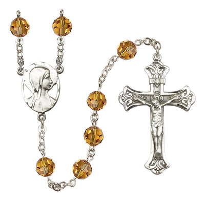 Madonna Mary Sterling Silver 8mm Austrian Crystal Rosary in Topaz, Bliss Manufacturing