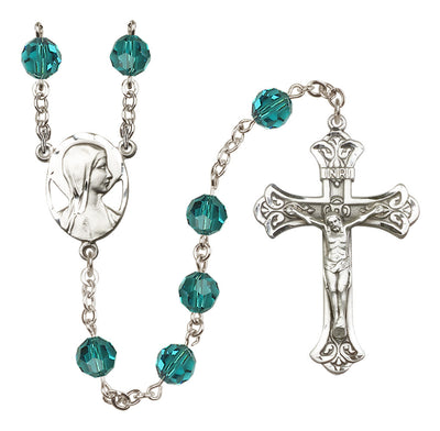 Madonna Mary Sterling Silver 8mm Austrian Crystal Rosary in Zircon, Bliss Manufacturing