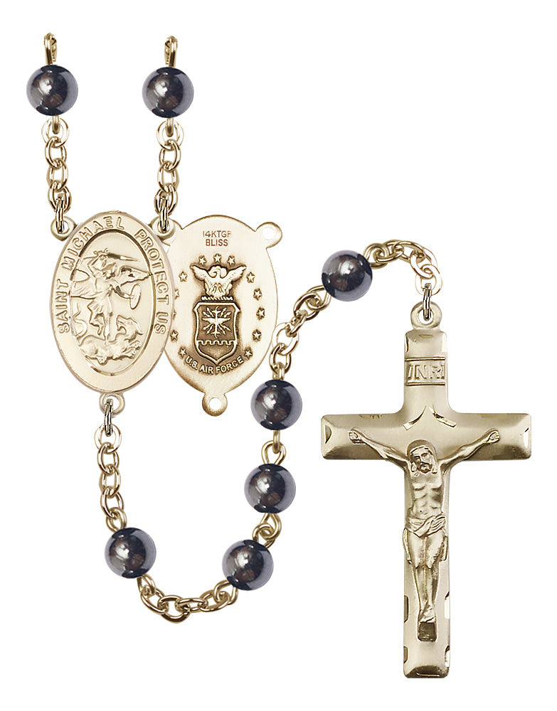 Bliss Manufacturing Air Force St Michael 6mm Hematite Gold-filled Rosary