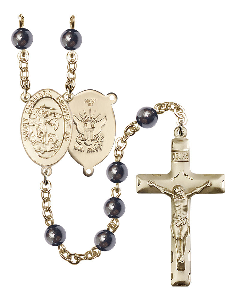 Bliss Manufacturing Navy St Michael 6mm Hematite Gold-filled Rosary