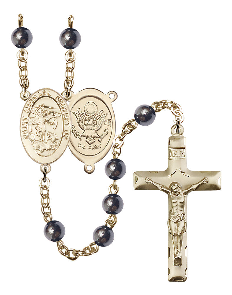 Bliss Manufacturing Army St Michael 6mm Hematite 14kt Gold Rosary