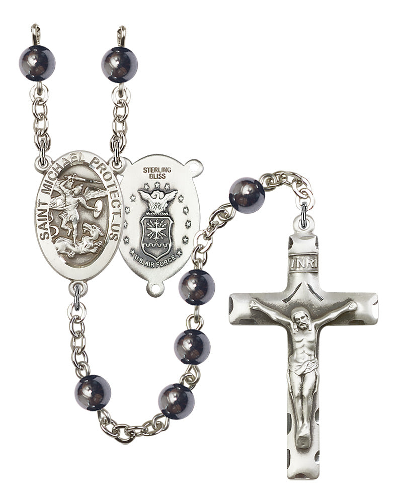 Bliss Manufacturing Air Force St Michael 6mm Hematite Sterling Silver Rosary