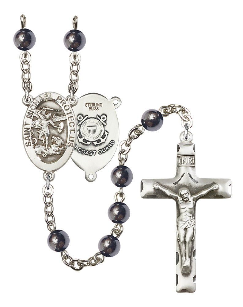 Bliss Manufacturing Coast Guard St Michael 6mm Hematite Sterling Silver Rosary