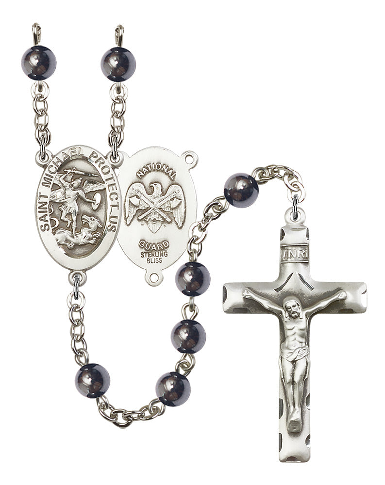 Bliss Manufacturing National Guard St Michael 6mm Hematite Sterling Silver Rosary