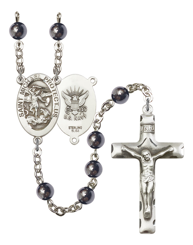 Bliss Manufacturing Navy St Michael 6mm Hematite Sterling Silver Rosary