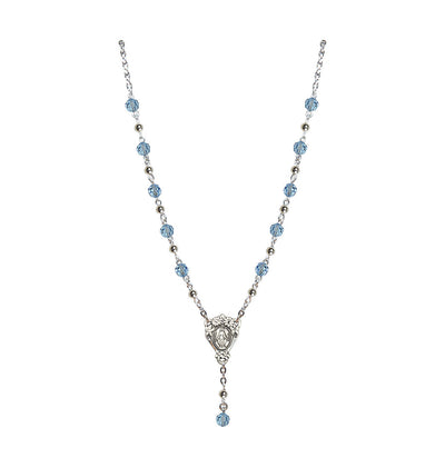 Silver-plated 6mm Austrian Amethyst Crystal Miraculous Rosary Necklace in Aqua, Bliss Manufacturing