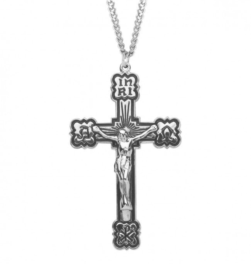 Alpha and Omega enameled crucifix pendant with 24in chain