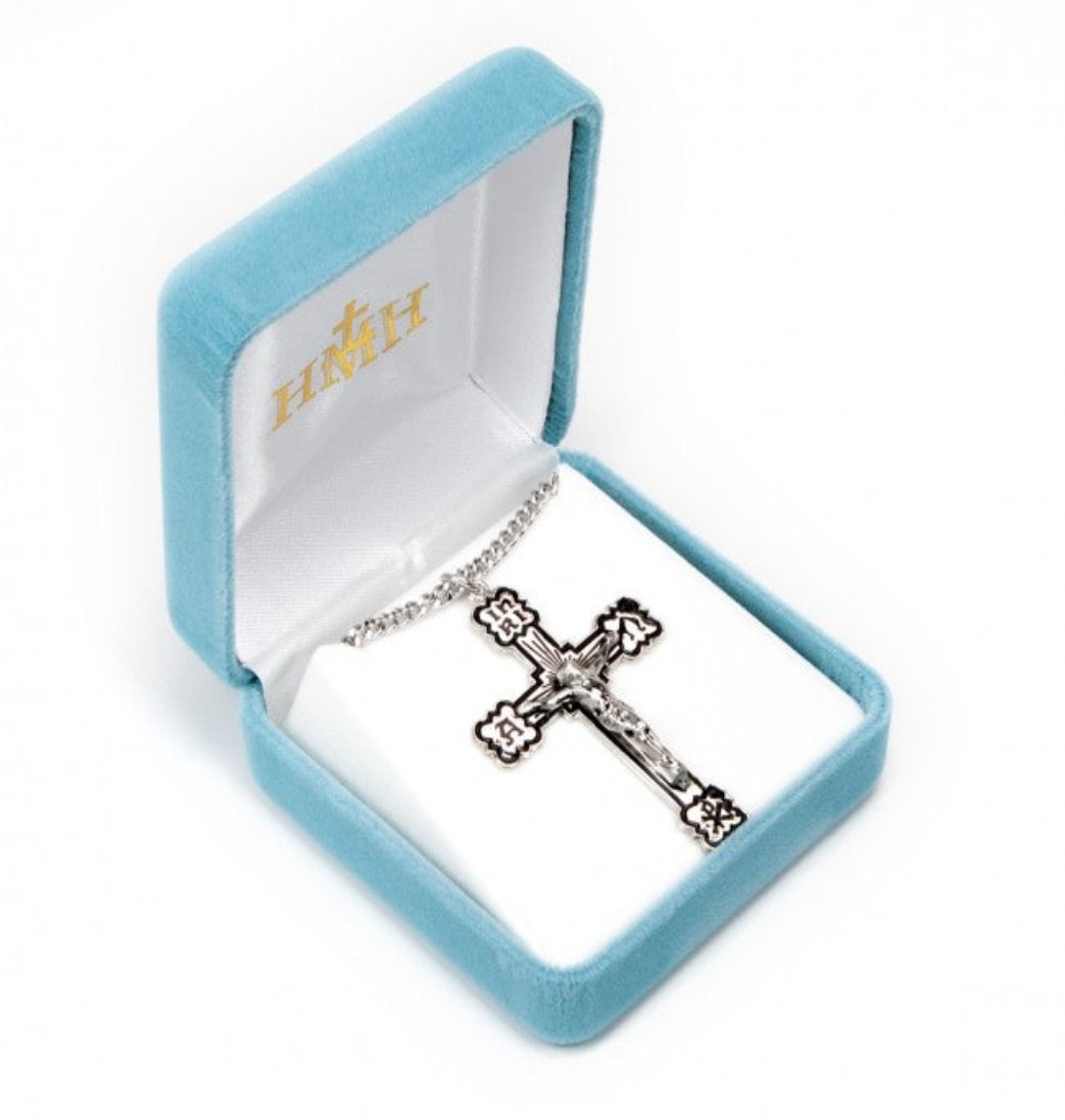 HMH Religious Alpha and Omega Enameled Sterling Silver Medal Crucifix in Box,