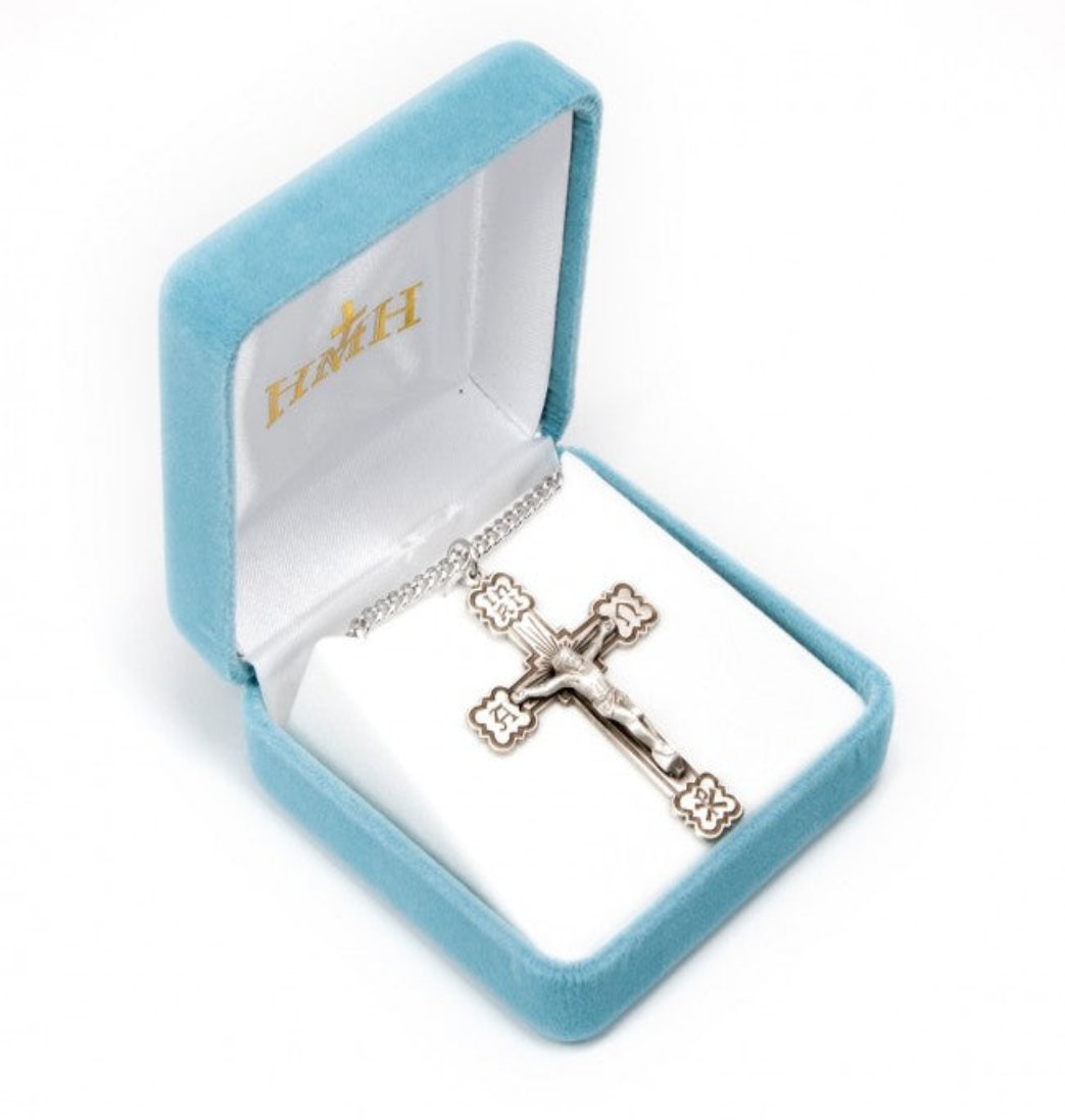 HMH Alpha and Omega Sterling Silver Medal Crucifix in Box,