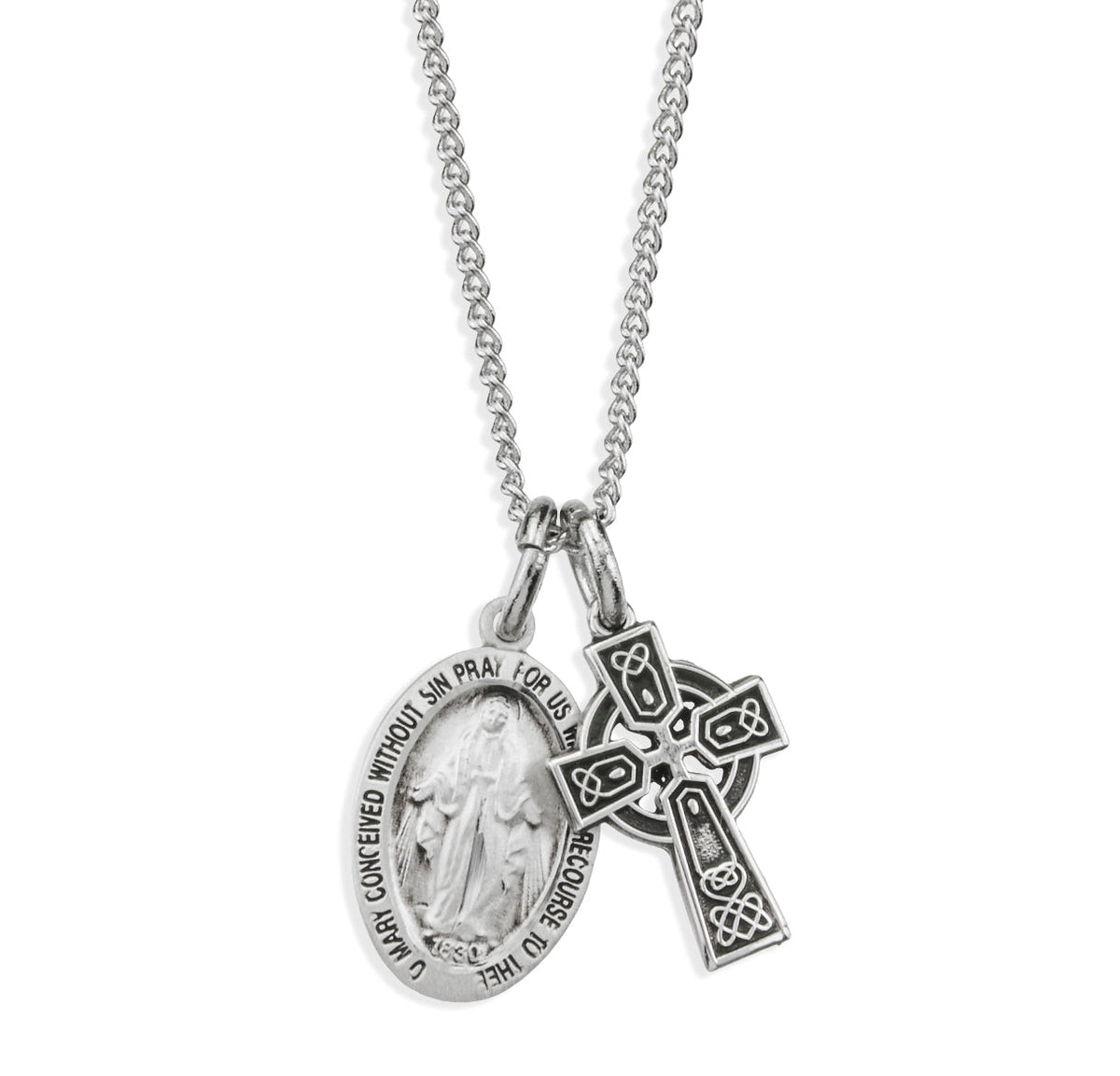 HMH Religious Sterling Silver Miraculous and Celtic Cross Necklace