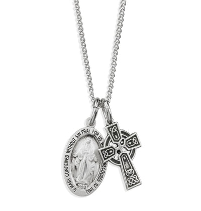 Sterling Silver Miraculous and Celtic Cross Necklace, HMH Religious