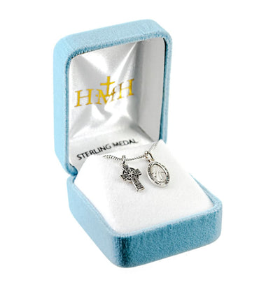 Sterling Silver Miraculous and Celtic Cross Necklace in Gift Box, HMH Religious