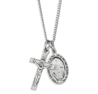 Sterling Silver Miraculous and Crucifix Necklace, HMH Religious