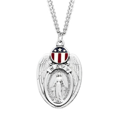 Navy Miraculous Medal Necklace in Sterling Silver with Red, White, and Blue epoxy design with 24" 316 surgical stainless steel curb endless chain, HMH Religious