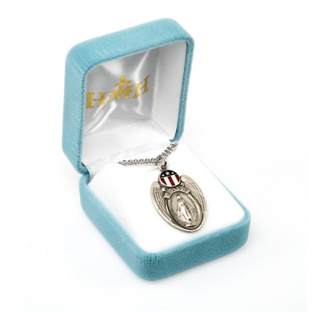 HMH Navy Sterling Silver Enameled Miraculous Medal in Box