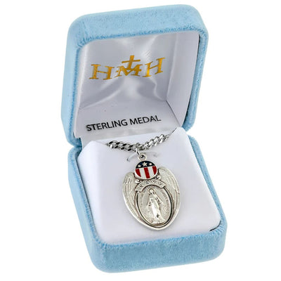 Navy Miraculous Medal Necklace in Sterling Silver with Red, White, and Blue epoxy design with 24" 316 surgical stainless steel curb endless chain in gift box, HMH Religious