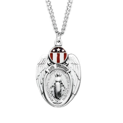 Air Force Miraculous Medal Necklace in Sterling Silver with Red, White, and Blue epoxy design with 24" 316 surgical stainless steel curb endless chain, HMH Religious