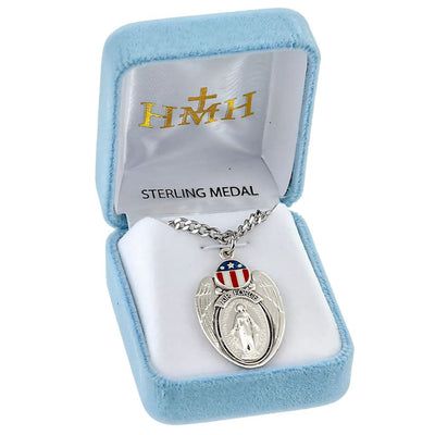 Air Force Miraculous Medal Necklace in Sterling Silver with Red, White, and Blue epoxy design with 24" 316 surgical stainless steel curb endless chain in gift box, HMH Religious