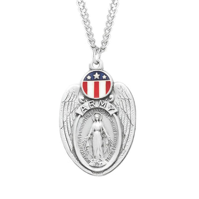 Army Miraculous Medal Necklace in Sterling Silver with Red, White, and Blue epoxy design with 24" 316 surgical stainless steel curb endless chain, HMH Religious