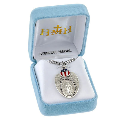 Army Miraculous Medal Necklace in Sterling Silver with Red, White, and Blue epoxy design with 24" 316 surgical stainless steel curb endless chain in gift box, HMH Religious