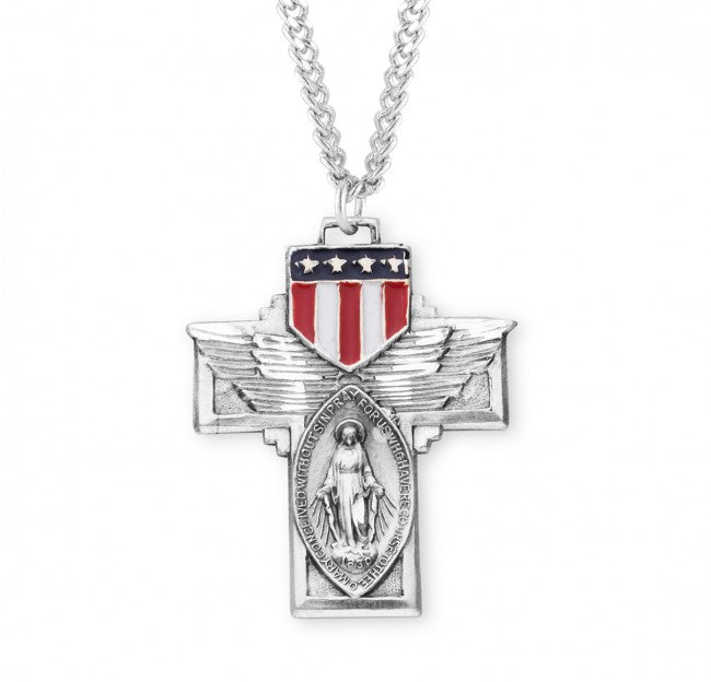 HMH Military Winged Sterling Silver Enameled Miraculous Medal with Chain