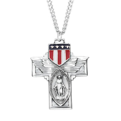 Military Winged Miraculous Medal Necklace in Sterling Silver with 24" 316 surgical stainless steel curb chain, HMH Religious