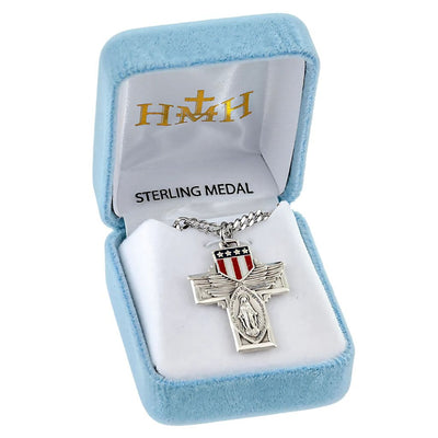 Military Winged Miraculous Medal Necklace in Sterling Silver with 24" 316 surgical stainless steel curb chain in Gift Box, HMH Religious
