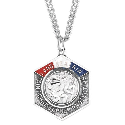 St. Christopher Hexagon Land, Sea, Air Sterling Silver Necklace, HMH Religious