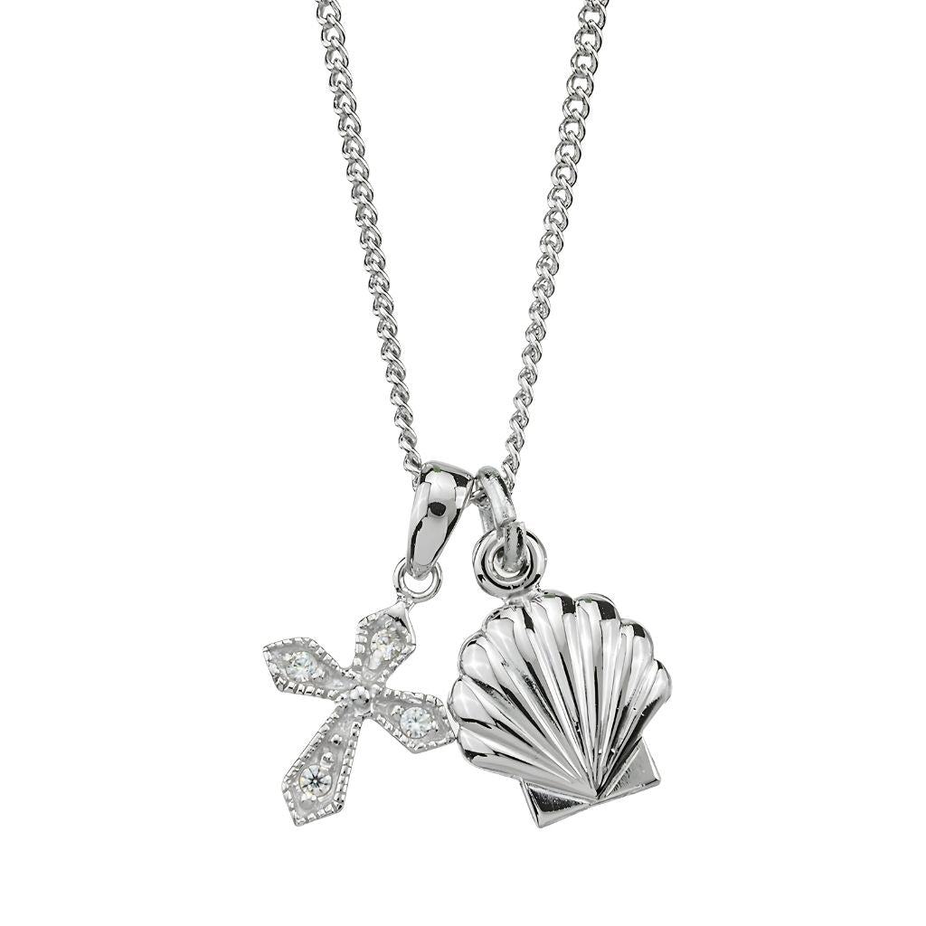 HMH Religious Baptismal Shell and CZ Crystal Cross Necklace,