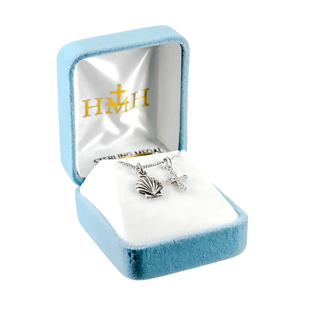 HMH Religious Baptismal Shell and CZ Crystal Cross Necklace in Box,