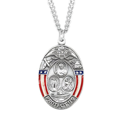 Military red, white, and blue Epoxy combination medal, Jesus, Mary, and St Michael with 24"stainless steel curb endless chain, HMH Religious (view 1)
