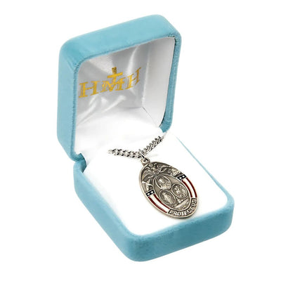 Military red, white, and blue Epoxy combination medal, Jesus, Mary, and St Michael with 24"stainless steel curb endless chain in gift box, HMH Religious (view 3)