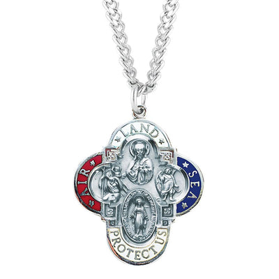 Land, Sea, and Air red, white, and blue epoxy military medal with 24" 316 surgical stainless steel curb endless chain, HMH Religious