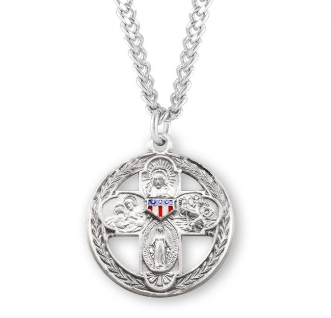 Military red, white, and blue enameled four-way combination medal with chain