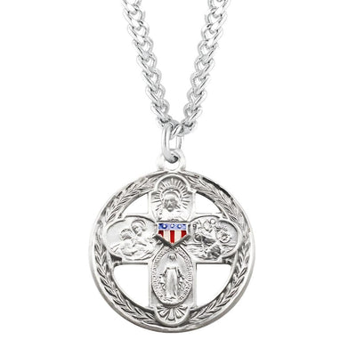 Military red, white, and blue epoxy four-way combination medal with chain with 24" 316 surgical stainless steel curb endless chain, HMH Religious