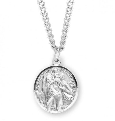 Saint Christopher Double Sided Sterling Silver Medal 24" genuine 316 surgical stainless steel endless curb chain, HMH Religious