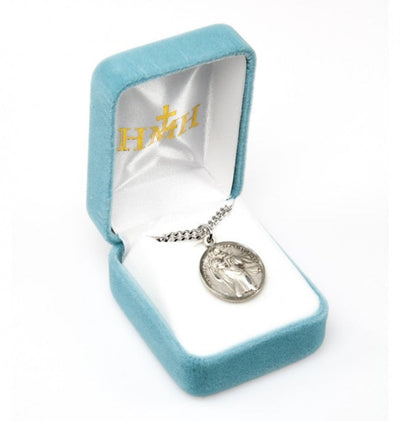 Christopher and St Raphael Double Sided Sterling Silver Medal 24" genuine 316 surgical stainless steel endless curb chain in gift box, HMH Religious
