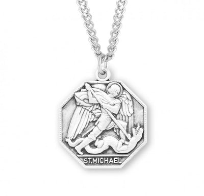 Octagon St Michael Archangel Sterling Silver Medal Necklace, HMH Religious