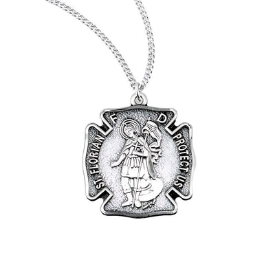 St. Florian Maltese Cross Fire Fighters Sterling Silver Medal with Stainless Steel Chain, Measures 0.9" x 0.7", HMH Religious