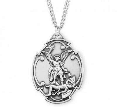 Large Sterling Silver St Michael Archangel defeating the devil in Styled Cross Shield Medal 27" genuine 316 surgical stainless steel curb endless chain, HMH Religious