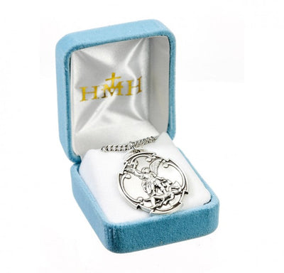 Large Sterling Silver St Michael Archangel defeating the devil in Styled Cross Shield Medal 27" genuine 316 surgical stainless steel curb endless chain in Gift Box, HMH Religious