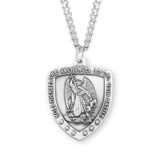 HMH Religious Defend Us in Battle St Michael Shield Sterling Silver Medal Necklace