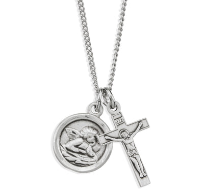 Sterling Da Vinci Cherub and Small Crucifix Necklace, HMH Religious