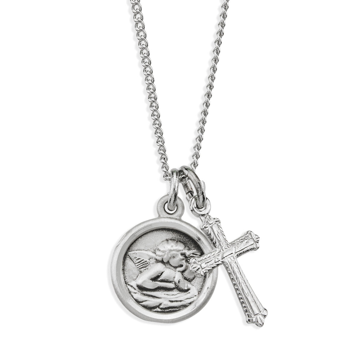 HMH Religious Sterling Da Vinci Cherub and Small Cross Necklace