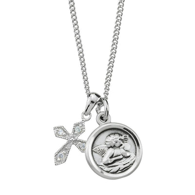 Da Vinci Cherub and CZ Crystal Cross Necklace, HMH Religious
