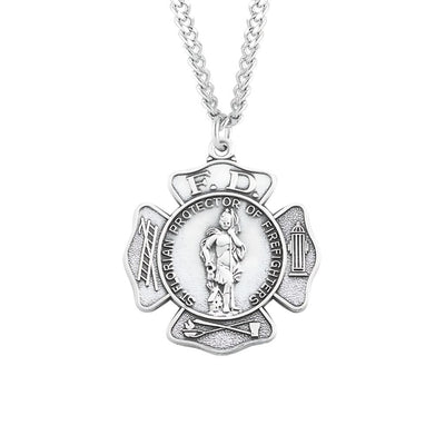 Large St Florian Protect Firefighters Sterling Silver Medal with Stainless Steel Chain, Measures 1.2" x 1.1", HMH Religious