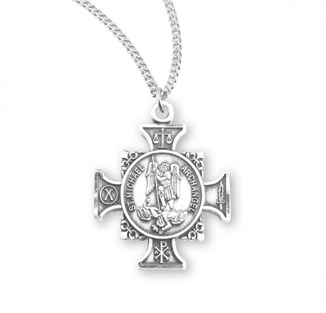 HMH Religious St Michael "Who is like God" Sterling Silver Maltese Cross Necklace